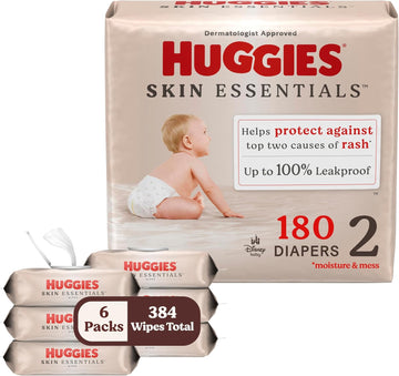 Bundle Of Huggies Size 2 Diapers, Skin Essentials Baby Diapers, Size 2 (12-18 Lbs), 180 Count (3 Packs Of 60) + Huggies Skin Essentials Baby Wipes, 99% Water, 6 Flip Top Packs (336 Wipes Total)