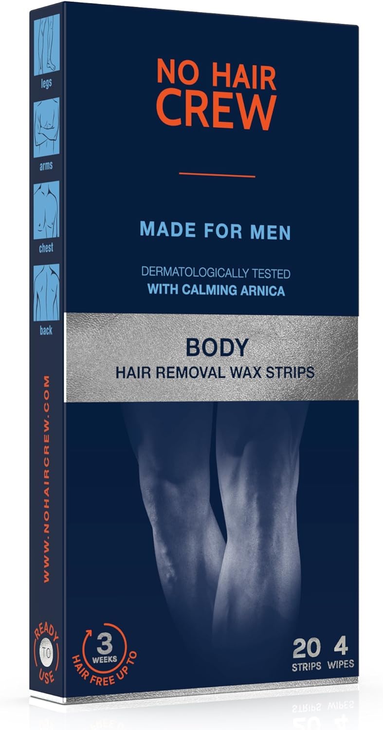 No Hair Crew Body Wax Strips – High Performance Wax Strips Made For Men, 20 Strips & 4 Soothing Cleansing Wipes