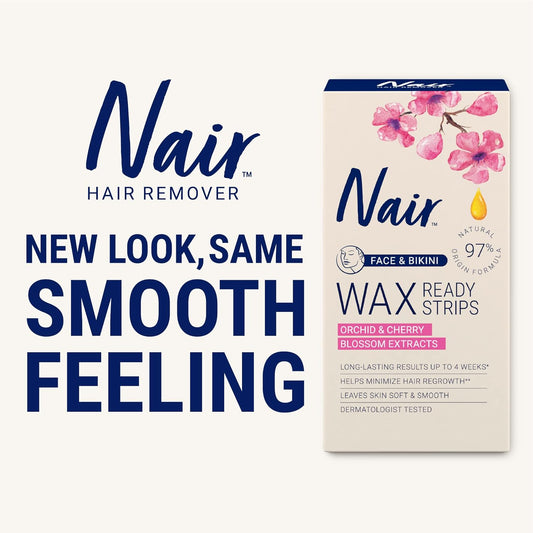 Nair Hair Remover Wax Ready Strips, Face And Bikini Hair Removal Wax Strips, 40 Count