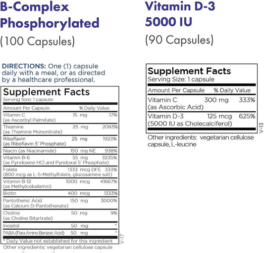 Metabolic Maintenance 2-Product Set With B-Complex Phosphorylated - Energy + Nerve Support (100 Capsules) + Vitamin D-3 5000 Iu - Bone, Immune + Mood Support (90 Capsules)