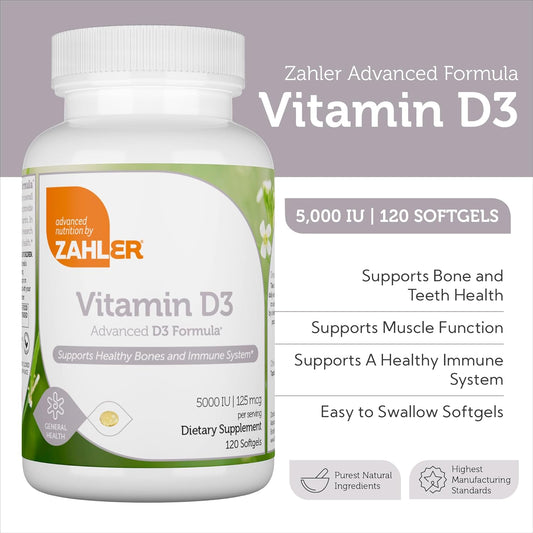 Zahler - Advanced Vitamin D3 5000 Iu Softgels (120 Count) Kosher Vegetarian Friendly Vitamin D For Immune Support, Bone, Teeth & Muscle Health - Daily D3 Vitamin Supplement For Adults - Easy Swallow V