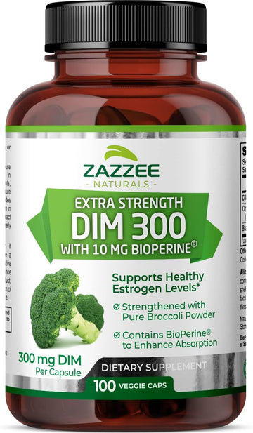 Zazzee Extra Strength Dim 300, 10 Mg Bioperine And 300 Mg Dim Per Capsule, 100 Vegan Capsules, 3+ Month Supply, Plus Pure Organic Broccoli Extract, 100% Vegetarian, All-Natural And Non-Gmo