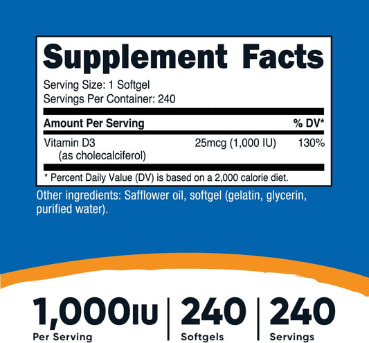 Nutricost Vitamin D3 1000 iu Softgels, 240 Softgels - Non-GMO & Gluten Free