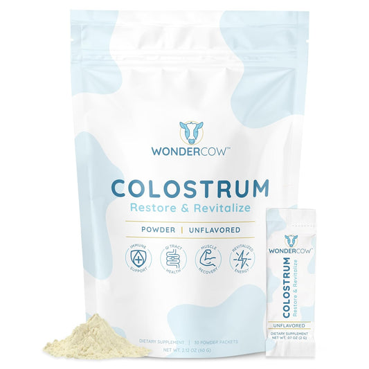 WONDERCOW Colostrum Powder Supplement for Gut Health, Immune Support, Muscle Recovery & Wellness | 40% IgG Highly Concentrated Pure Bovine Colostrum Superfood, Gluten Free, Elderberry, 30 Servings