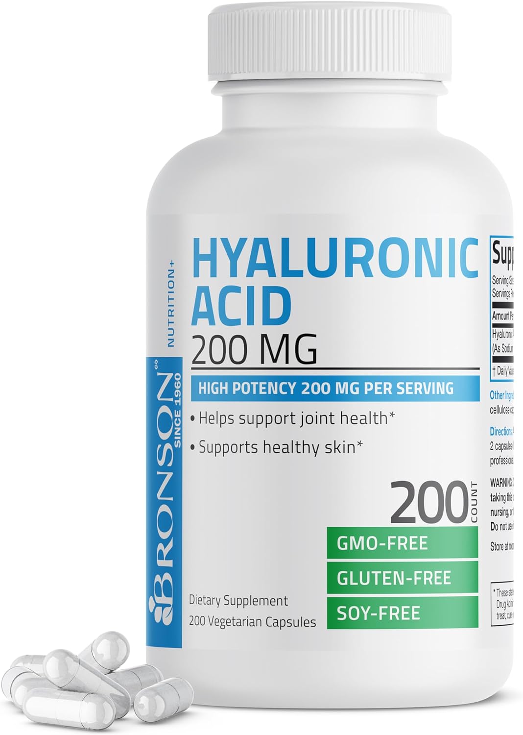 Bronson Hyaluronic Acid 200 Mg High Potency Joint Health & Healthy Skin Support, Non-Gmo, 200 Vegetarian Capsules