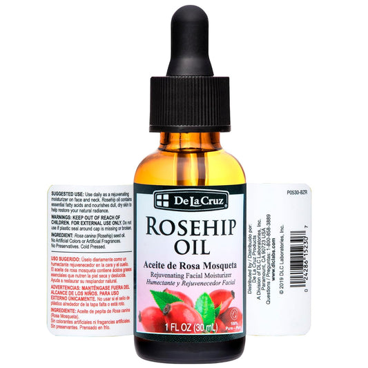 De La Cruz Rosehip Oil, 100% Pure Unrefined Cold-Pressed Chilean Rosehip Seed Oil, Moisturizer To Reduce Fine Lines, Wrinkles 1Fl Oz