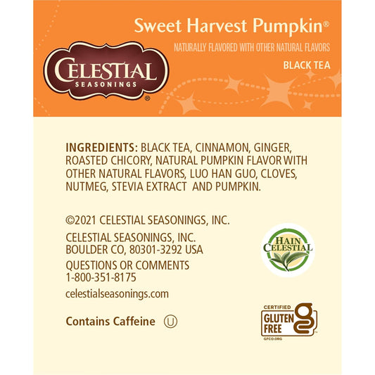 Celestial Seasonings Black Tea, Sweet Harvest Pumpkin, Contains Caffeine, 18 Count (Pack Of 6)