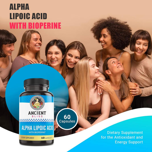 Ancient Bliss Alpha Lipoic Acid Supplement, Antioxidant and Energy Support, ALA Supplement with Bioperine, No Gluten and Soy, 600mg per Serving, 60 Vegan Capsules
