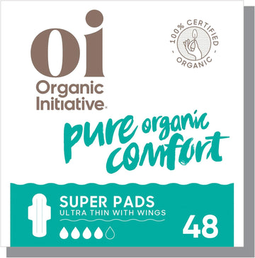 Oi | Organic Initiative - Ultra-Thin Pads with Wings | 100% Certified Organic Cotton, Unscented | Leak Free, Biodegradable | Non-GMO, Toxin Free (Super, 48, Count)