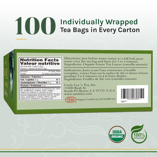 Uncle Lee'S Tea Organic Green Tea - Premium Tea For Everyday Wellness, Medium Caffeine, Antioxidant-Rich Green Tea Bags, Individually Wrapped, Includes A White Tea Bag 101 Count