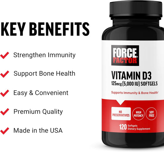 FORCE FACTOR Vitamin D3 5000 IU Softgels, High-Potency Vitamin D Supplement to Support Immunity and Bone Health, Premium Quality, No Preservatives, 120 Softgels