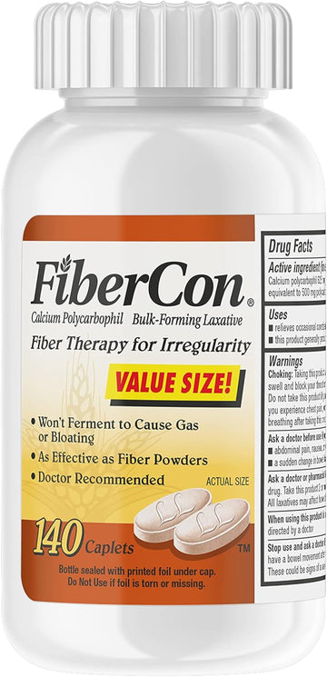 FiberCon Fiber Therapy Coated Caplets, Safe, Simple & Comfortable Insoluble Fiber for Bowel Irregularity, Comfortable Constipation Relief with No Gas or Bloating, 140 Caplets