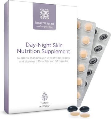 Healthspan Day-Night Skin Nutrition Supplement | Contains Soy Bean Extract & Omega 3 With Vitamins C & E | Skin Care | Vegetarian (30 Day Supply)