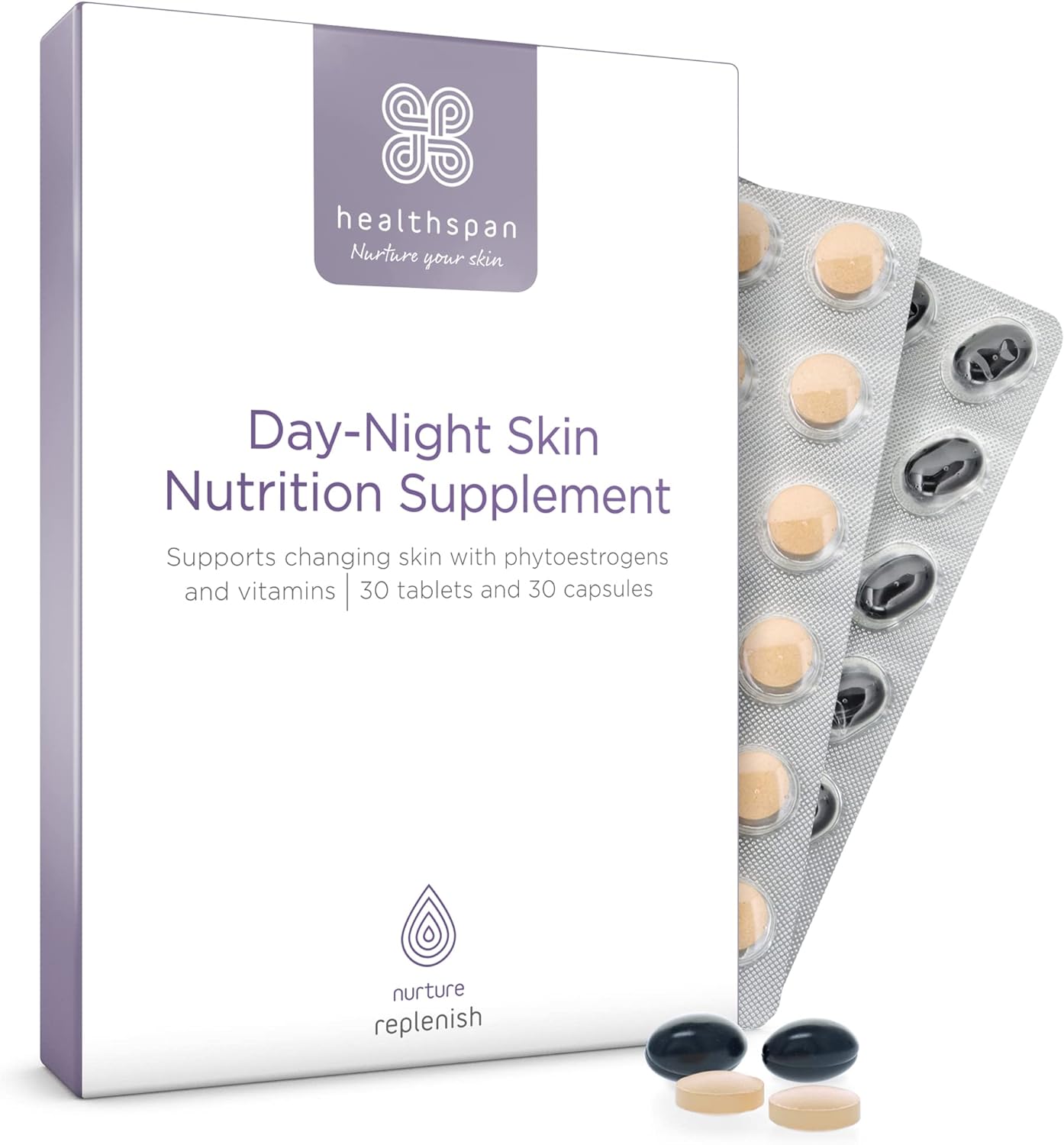 Healthspan Day-Night Skin Nutrition Supplement | Contains Soy Bean Extract & Omega 3 with Vitamins C & E | Skin Care | Vegetarian (30 Day Supply)