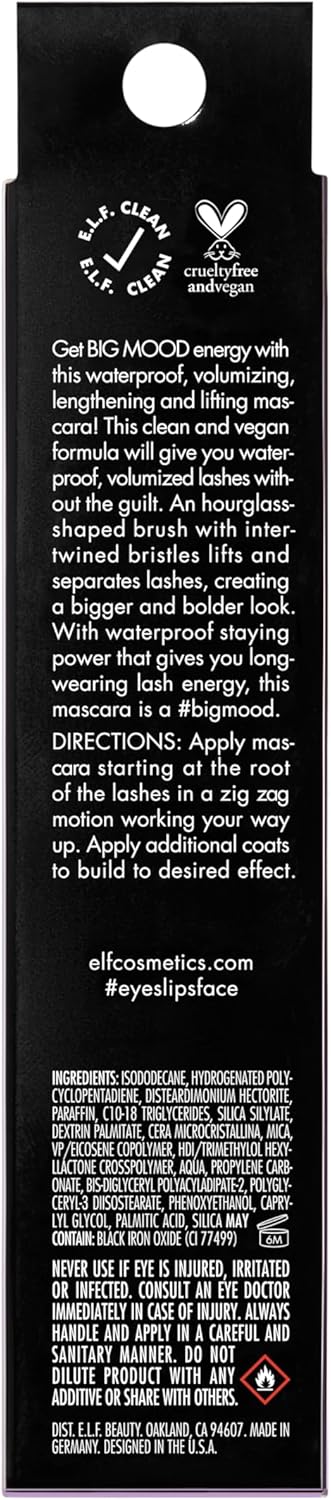 E.L.F. Big Mood Mega Volume & Lifting Waterproof Mascara, Bold Volume & Lift, Creates Long-Lasting Voluminous Lashes, Black, 1.1 Oz (10Ml)