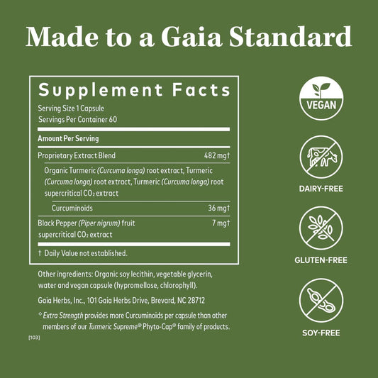 Gaia Herbs Turmeric Supreme Extra Strength - Helps Reduce Occasional Discomfort from Normal Wear & Tear - with Turmeric Curcumin & Black Pepper - 60 Vegan Liq Phyto-Capsules (Up to 60-Day Supply)
