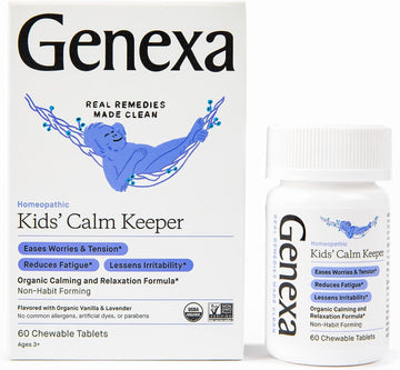 Genexa Kid's Calm Keeper Stress Relief for Kids | Reduces Fatigue & Eases Tension | Soothing Natural Vanilla & Lavender Flavor | Certified Vegan, Gluten Free, & Non-GMO | 60 Chewable Tablets