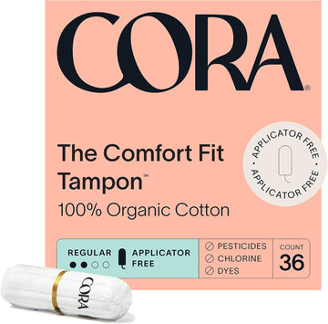 Cora 100% Organic Cotton Non-Applicator Tampons | Ultra-Absorbent, Unscented, Natural, Non-Toxic, Applicator Free | Eco-Conscious (36 Tampons)