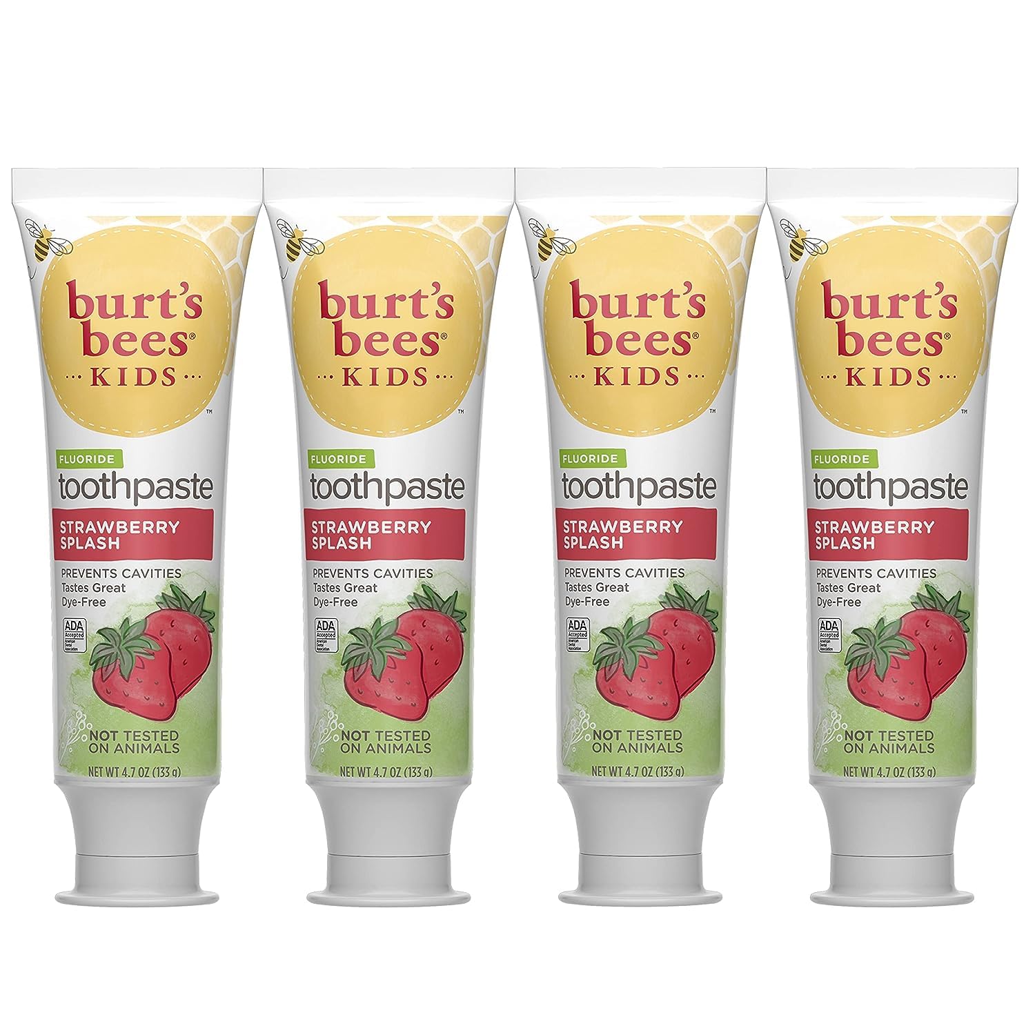 Burt’s Bees Kids Toothpaste, Strawberry Flavor, with Fluoride, Strawberry Splash, 4.7 oz, Pack of 4