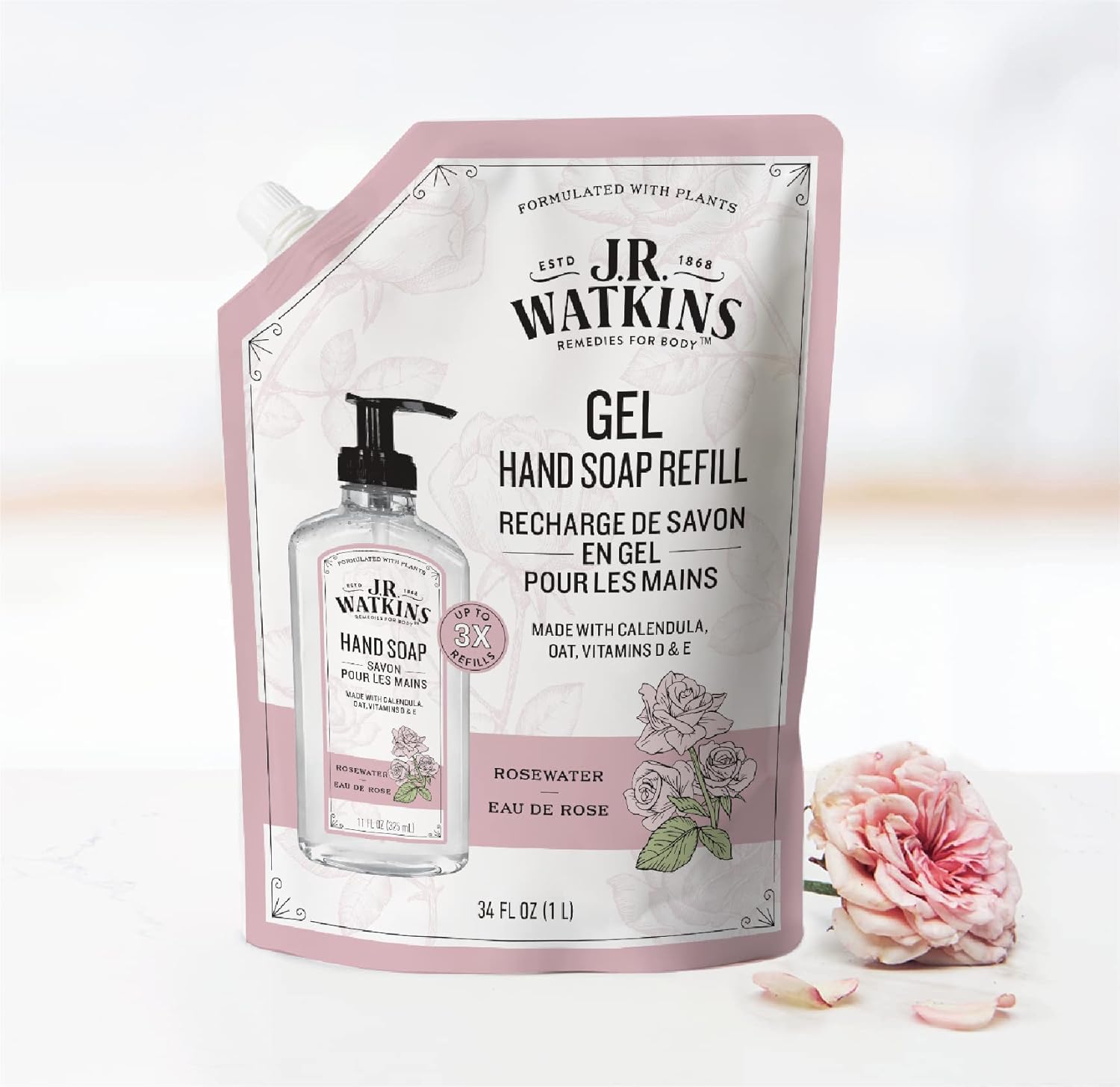 J.R. Watkins Gel Hand Soap Refill, Moisturizing Hand Wash, All Natural, Alcohol-Free, Cruelty-Free, USA Made, Rosewater, 34 Fl Oz, 3 Pack : Beauty & Personal Care