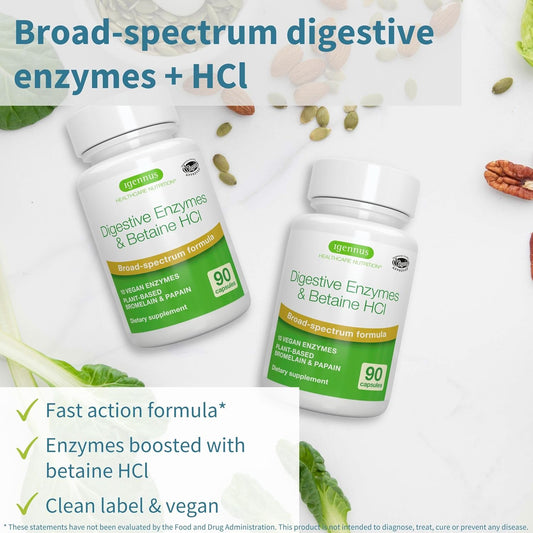 Advanced Digestive Enzymes & Betaine Hcl + Zinc Complex 25Mg Vegan Bundle, Digestive Aid With Chelated Zinc Picolinate & Bisglycinate, By Igennus