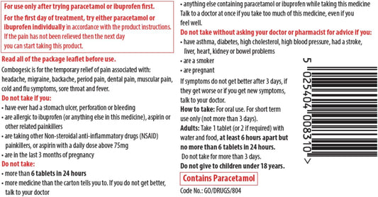 Combogesic Pain Relief Paracetamol 500 Mg And Ibuprofen 150 Mg, For Headache, Migraine Relief, Period, Toothache And Back Pain, Cold And Flu Symptoms, Painkillers, Pack Of 16 Tablets