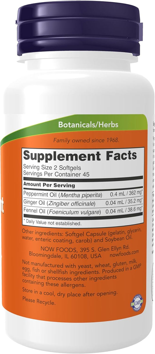 Now Foods Supplements, Peppermint Gels With Ginger & Fennel Oils, Enteric Coated, Digestive Support*, 90 Softgels