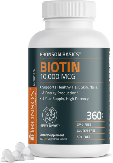 Bronson Biotin 10,000 MCG Supports Healthy Hair, Skin & Nails & Energy Production - High Potency Beauty Support - Non-GMO, 360 Vegetarian Tablets