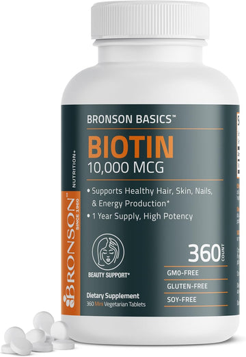 Bronson Biotin 10,000 Mcg Supports Healthy Hair, Skin & Nails & Energy Production - High Potency Beauty Support - Non-Gmo, 360 Vegetarian Tablets