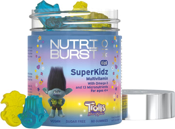Nutriburst Trolls Superkidz - Chewable Multivitamin For Health, Growth & Development - 13 Essential Nutrients: Vitamin A, B12 C, D3, E, Iron, Omega-3 - Vegan + Sugar Free - Orange Flavour - 60 Gummies