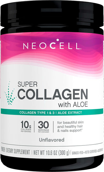 NeoCell Super Collagen with Aloe; Collagen Type 1 and 3; Supports Healthy Hair, Skin and Nails; Gluten Free; Unavored Powder; 10 g Collagen/Serving; 30 Servings; 10.