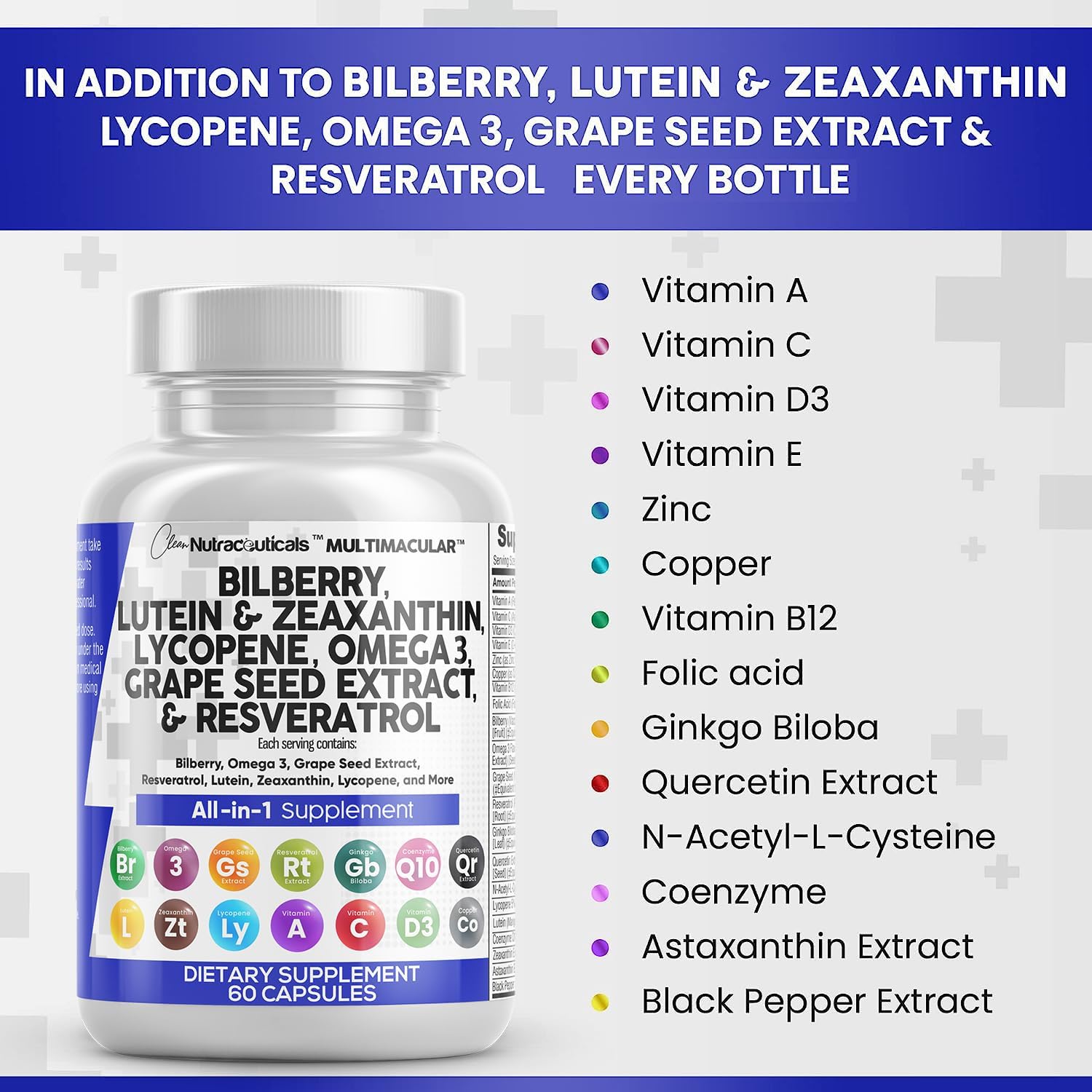 Eye Health Vitamins with Bilberry 6000mg Lutein & Zeaxanthin 40mg Lycopene 40mg Resveratrol 3000mg Grape Seed Extract 6000mg Omega 3 4000mg Astaxanthin - Eye Vitamin - 60 Capsules : Health & Household