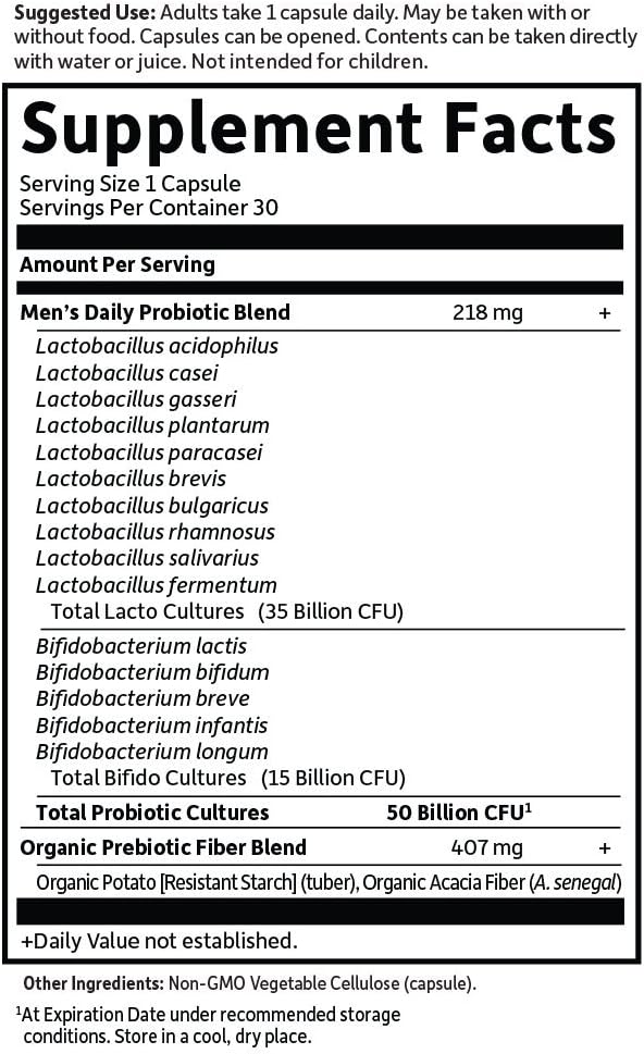 Garden of Life Probiotics for Men Dr Formulated 50 Billion CFU 15 Probiotics + Organic Prebiotic Fiber for Digestive, Colon & Immune Support, Daily Gas Relief, Dairy Free, Shelf Stable, 30 Capsules