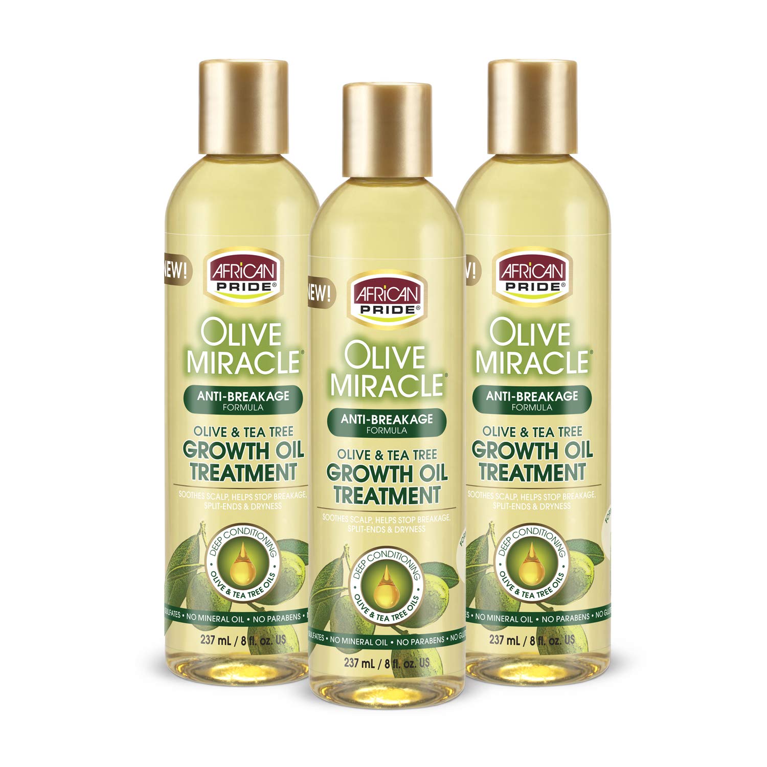 African Pride Olive Miracle Growth Oil (3 Pack). Contains Olive oil and Tea Tree to seal in moisture. 8 oz