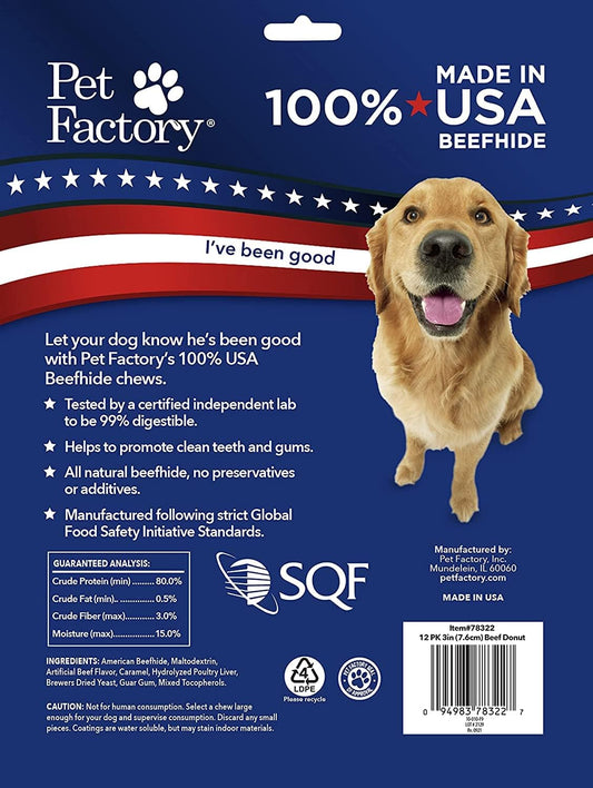 Pet Factory 100% Made In Usa Beefhide 3" Donuts Dog Chew Treats - Beef Flavor, 12 Count/1 Pack