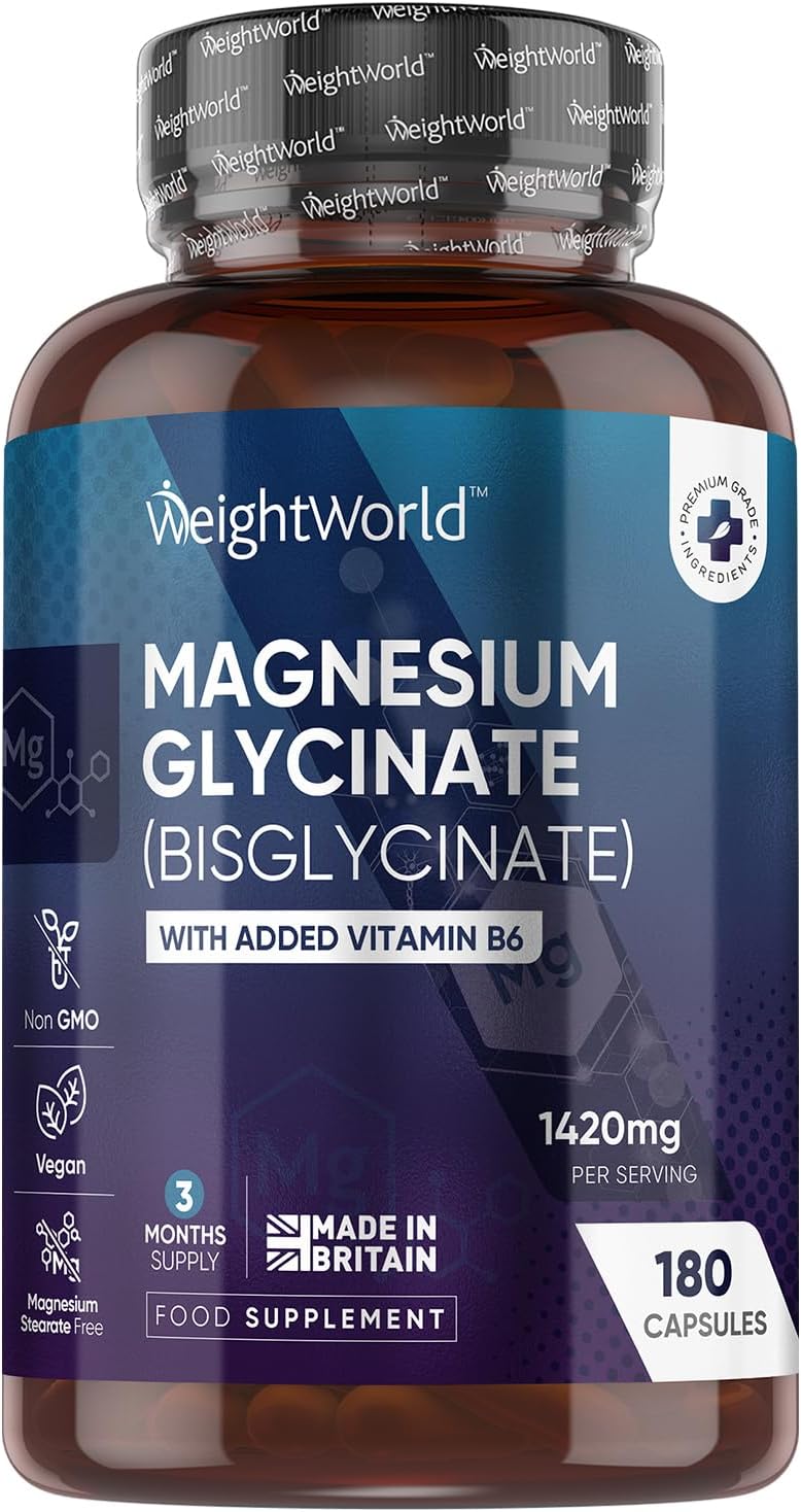 Magnesium Glycinate With Vitamin B6 Magnesium Bisglycinate Powder Capsules - 180 Capsules - 3 Months Supply