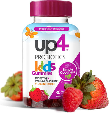 up4 Kids Probiotic Gummies, Digestive and Immune Support with Prebiotics and Vitamin C, Gelatin and Gluten Free, Non-GMO, For Ages 3+, 30 count