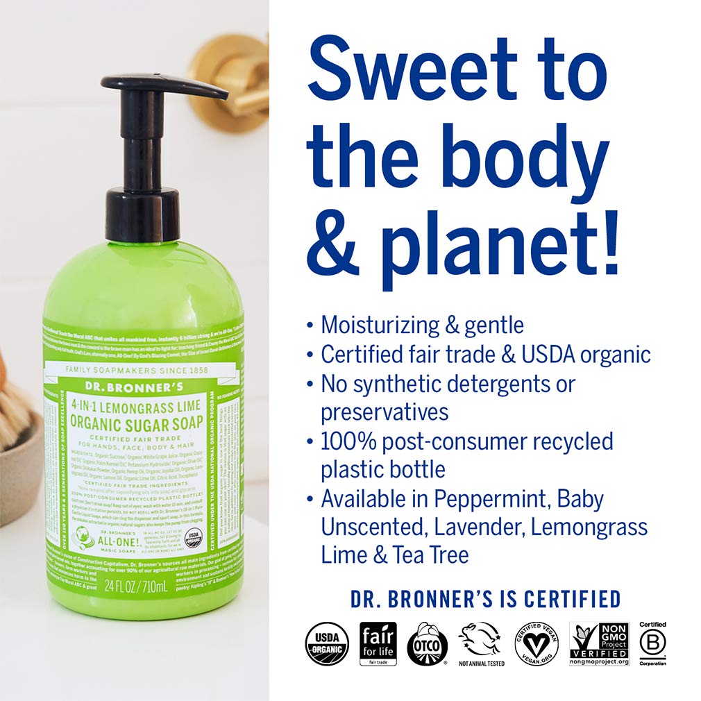 Dr. Bronner's - Organic Sugar Soap (Lemongrass, 12 Ounce) - Made with Organic Oils, Sugar and Shikakai Powder, 4-in-1 Use: Hands, Body, Face and Hair, Cleanses, Moisturizes and Nourishes, Vegan : Bath Soaps : Beauty & Personal Care