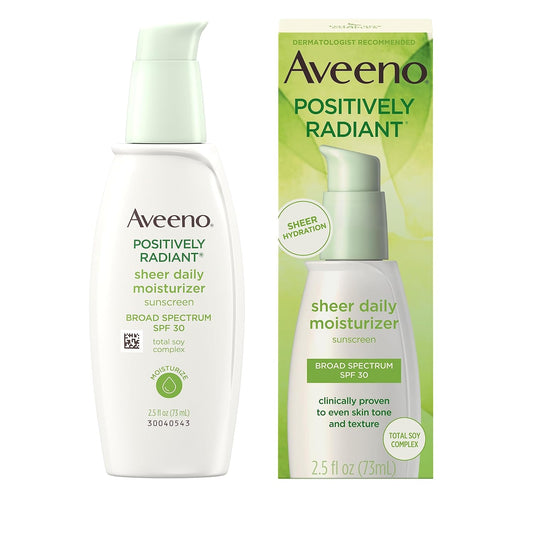 Aveeno Positively Radiant Sheer Daily Moisturizing Lotion For Dry Skin With Total Soy Complex And Spf 30 Sunscreen, Oil-Free And Non-Comedogenic, 2.5 Fl. Oz