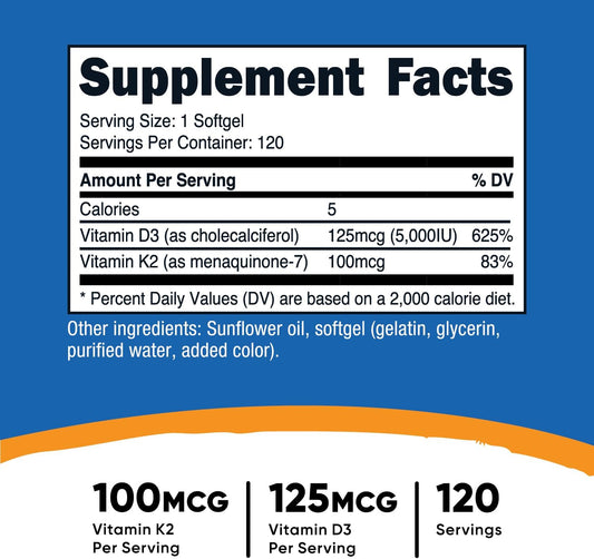 Nutricost Vitamin K2 (Mk7) (100Mcg) + Vitamin D3 (5000 Iu) 120 Softgels - Gluten Free And Non-Gmo