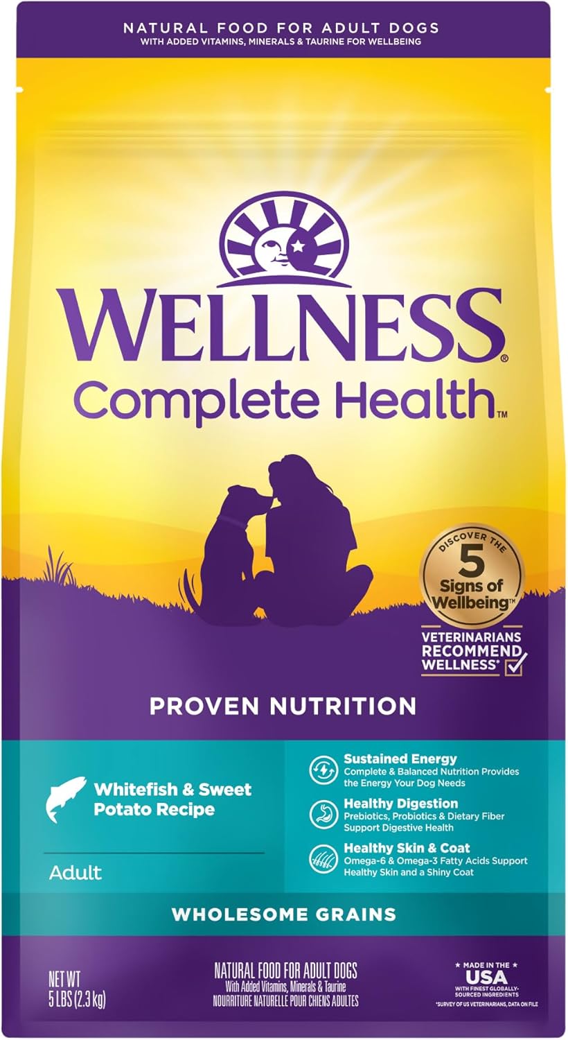 Wellness Complete Health Dry Dog Food With Grains, Natural Ingredients, Made In Usa With Real Meat, All Breeds, For Adult Dogs (Whitefish & Sweet Potato, 5-Pound Bag)