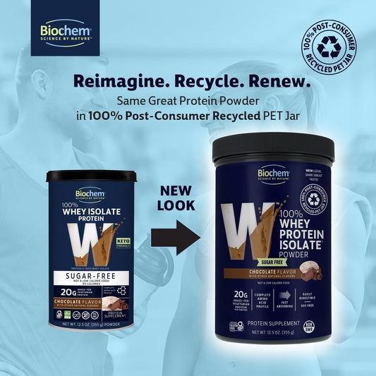 Biochem 100% Whey Sugar-Free Chocolate 20G, 12.5Oz, Certified Vegetarian, Certified Gluten Free, Certified Non-Gmo Tested, Keto Friendly, Grass-Fed