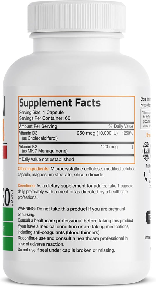 Bronson Vitamin K2 (Mk7) With D3 Extra Strength Supplement Bone Health Non-Gmo Formula 10,000 Iu & 120 Mcg Mk-7 Easy To Swallow D K, 60 Capsules