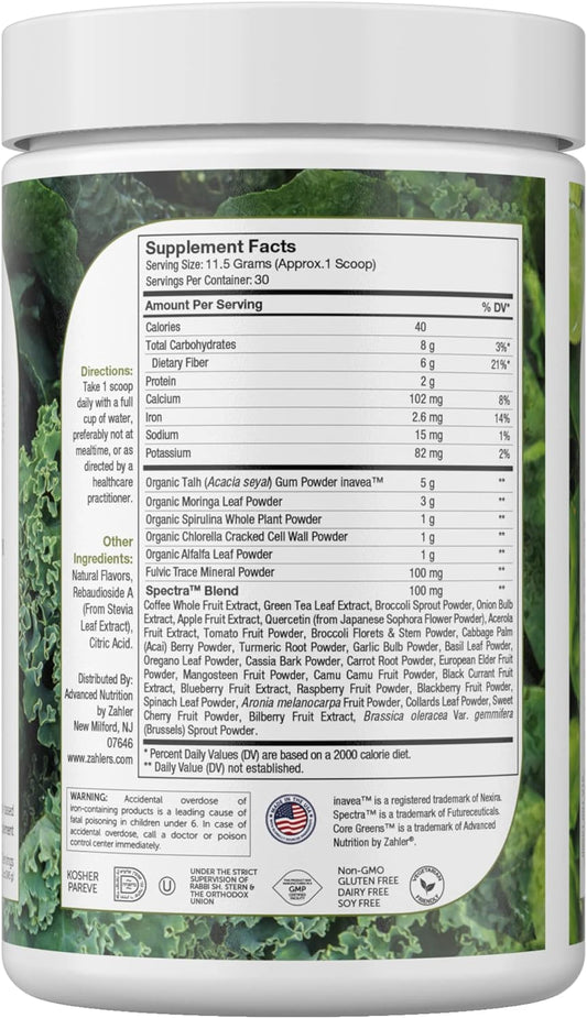 Zahler Core Greens Powder Nutrition Supplements - Superfood Powder - Super Green Juice & Smoothie Mix - Phytonutrient Rich With Spirulina, Chlorophyll & More - Kosher Superfood