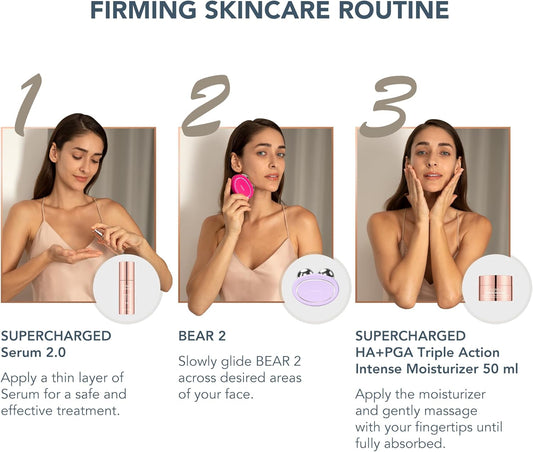 Foreo Total Facelift Bundle - Bear 2 Advanced Microcurrent Facial Device + Supercharged Serum 2.0 30 Ml + Supercharged Ha+Pga Triple Action Intense Moisturizer 50 Ml - Anti Aging - Skin Care Tools