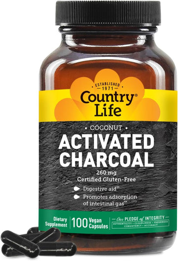 Country Life Coconut Activated Charcoal Capsules, 260Mg – Natural Charcoal Supplement For Gas And Bloating Relief - Gluten-Free, 40 Vegan Capsules