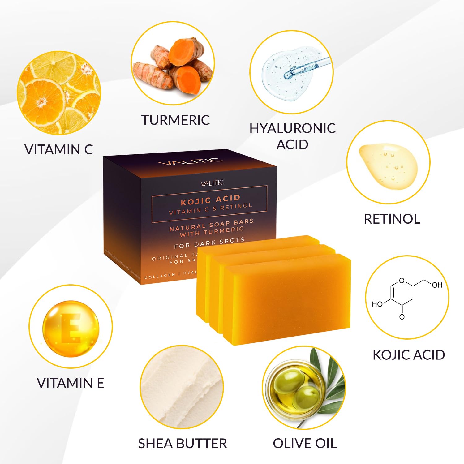 VALITIC Kojic Acid Vitamin C and Retinol Soap Bars with Turmeric for Dark Spot - Original Japanese Complex Infused with Collagen, Hyaluronic Acid, and Vitamin E (3 Pack) : Beauty & Personal Care