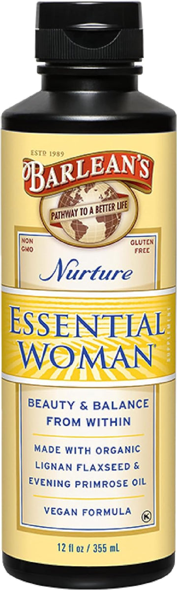 Barlean's Essential Woman Liquid Supplement for Women, Organic Flaxseed, Evening Primrose Oil & Soy Isoflavones, Omega 3 6 9 and GLA, Hormonal Balance & Healthy Hair and Skin, 12 oz