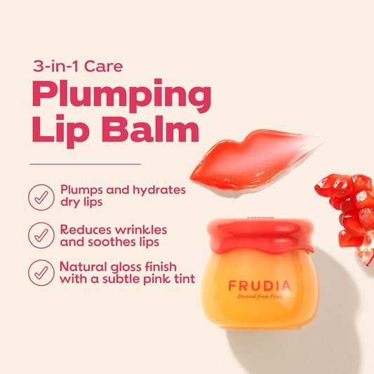 Frudia Pomegranate Honey Lip Balm, Lip Plumping, Hydrating, & Translucent Red Tinted 3-In-1 Korean Lip Balm Made With Pomegranate Extracts For Dry & Pale Lips