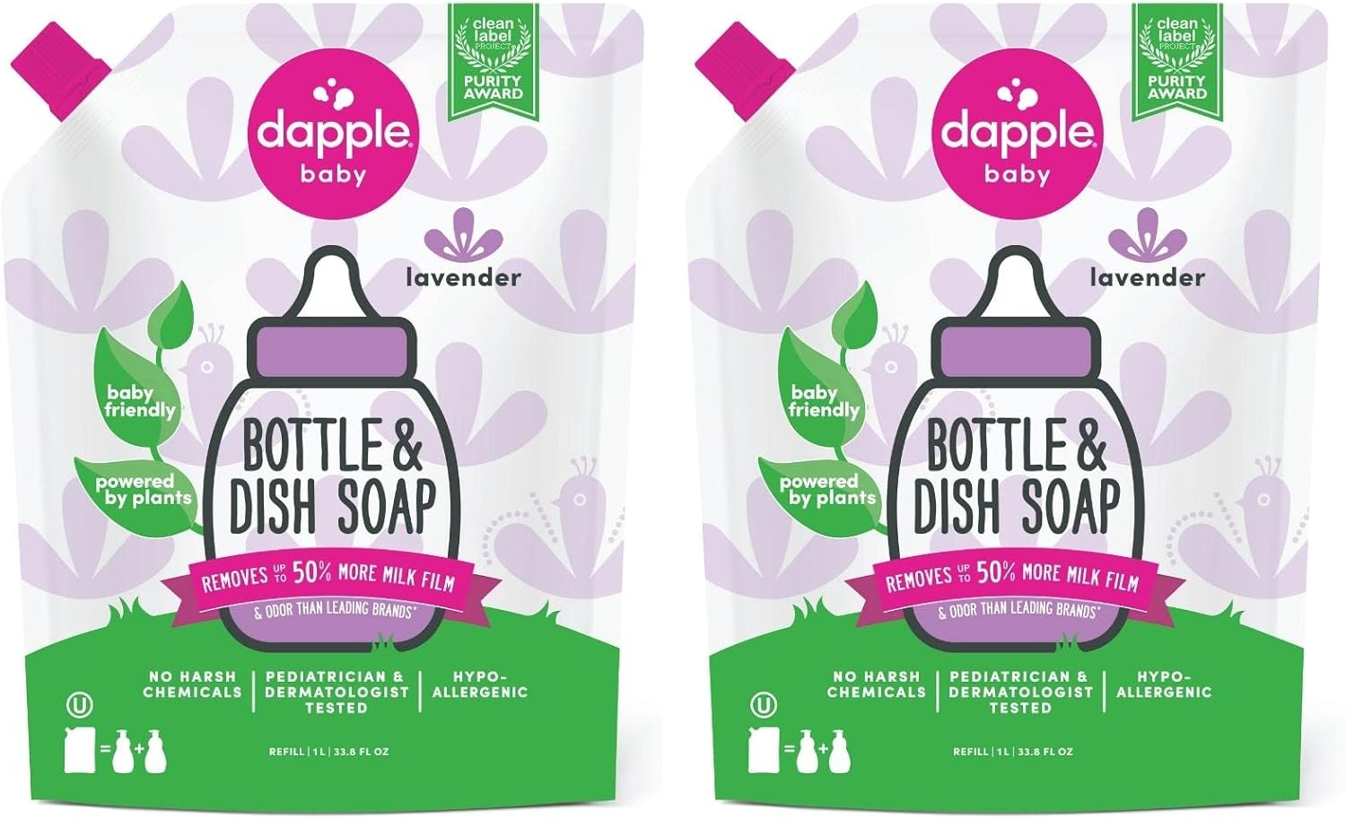 Baby Bottle Soap & Dish Soap Refill By Dapple Baby, Lavender, 34 Fl Oz Refill Pouch (Pack Of 2) - Plant Based Dish Liquid For Dishes & Baby Bottles